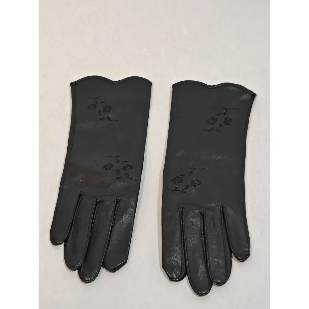 VTG Black‎ Vinyl Gloves Floral Embossed Scalloped Edge Size 6 Womens Lined